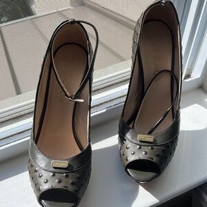 Escada olive green Peep-Toe Heels with gold accents and ankle strap.